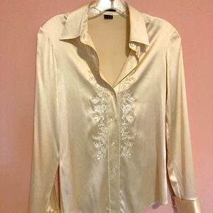 Lovely silk, long sleeve, button front shirt with embroidery.  Size Small.